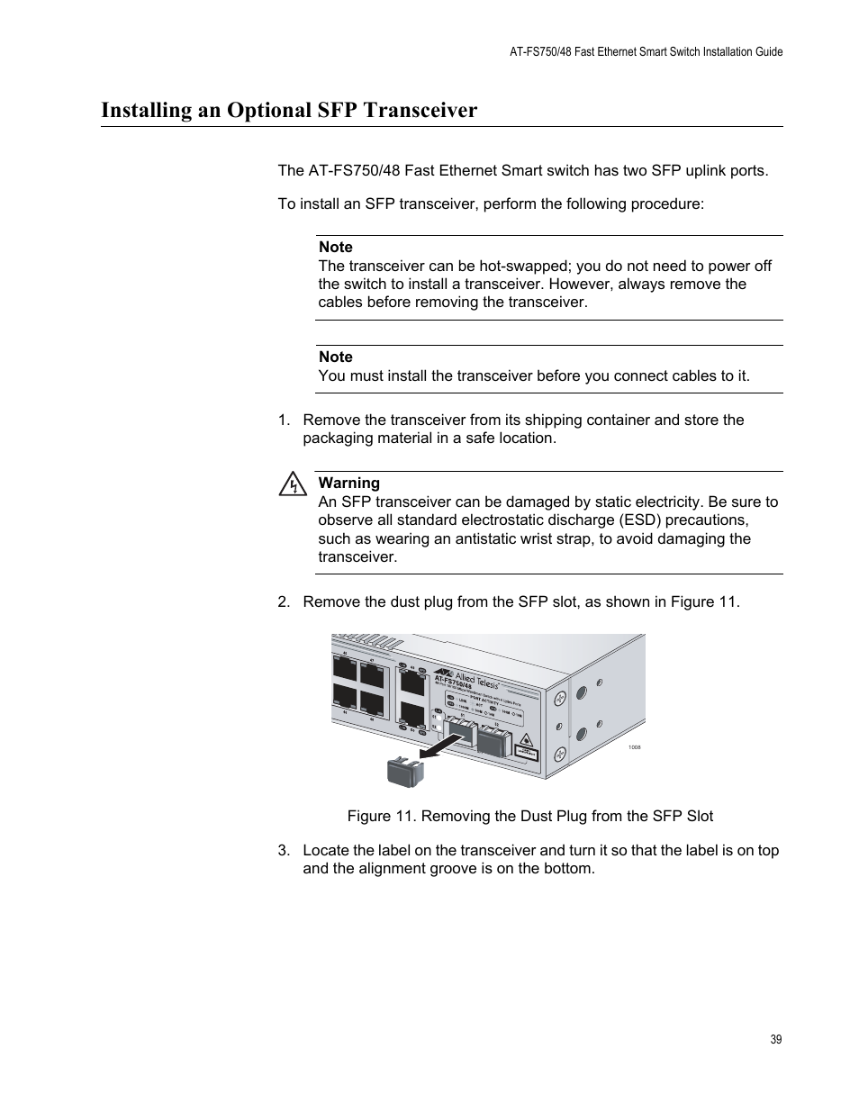 Installing an optional sfp transceiver | Allied Telesis AT-FS750/48 User Manual | Page 39 / 50