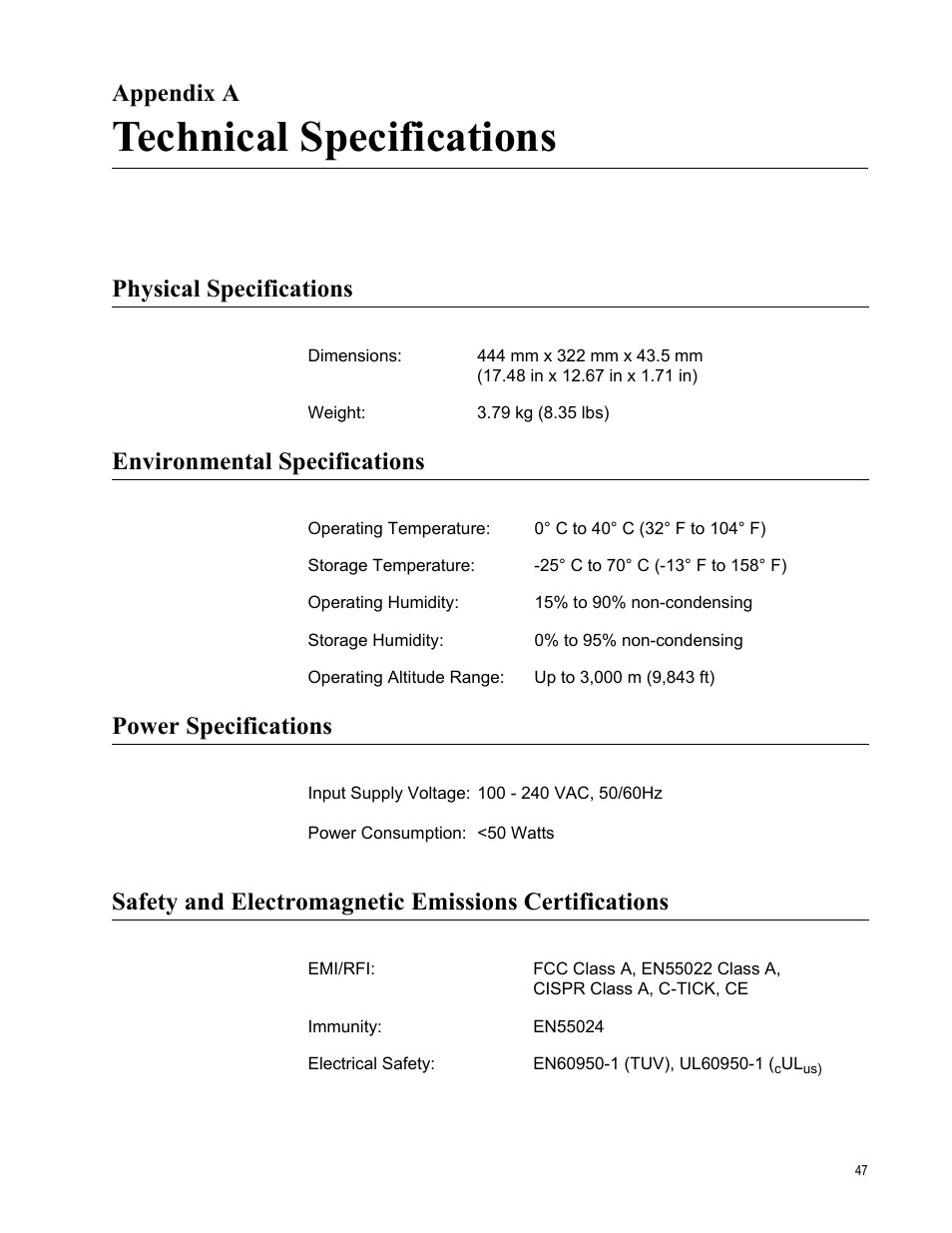 Appendix a, Technical specifications, Physical specifications | Environmental specifications, Power specifications, Appendix a: technical specifications | Allied Telesis AT-FS750/48 User Manual | Page 47 / 50