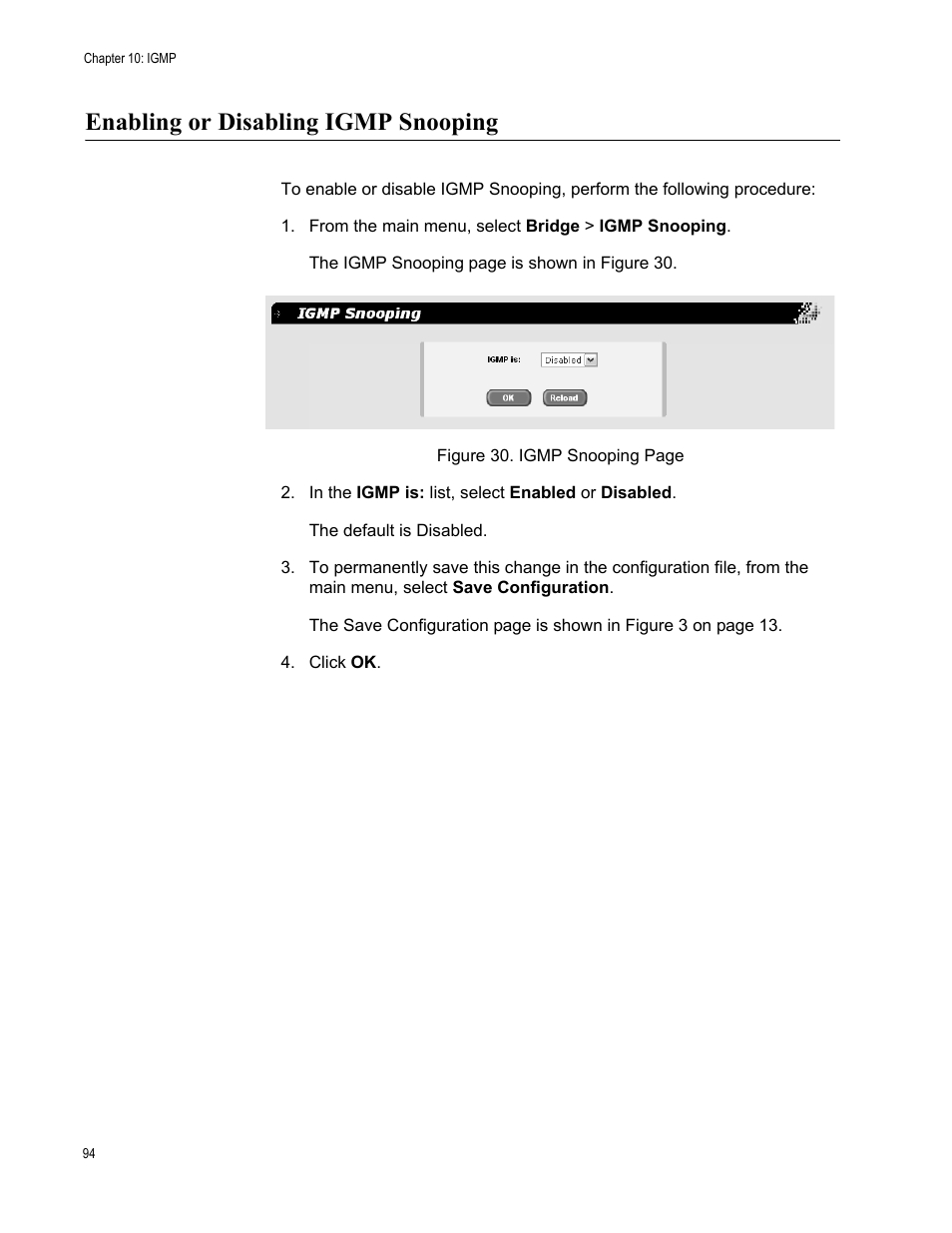 Enabling or disabling igmp snooping, From the main menu, select bridge > igmp snooping | Allied Telesis AT-S88 User Manual | Page 102 / 158