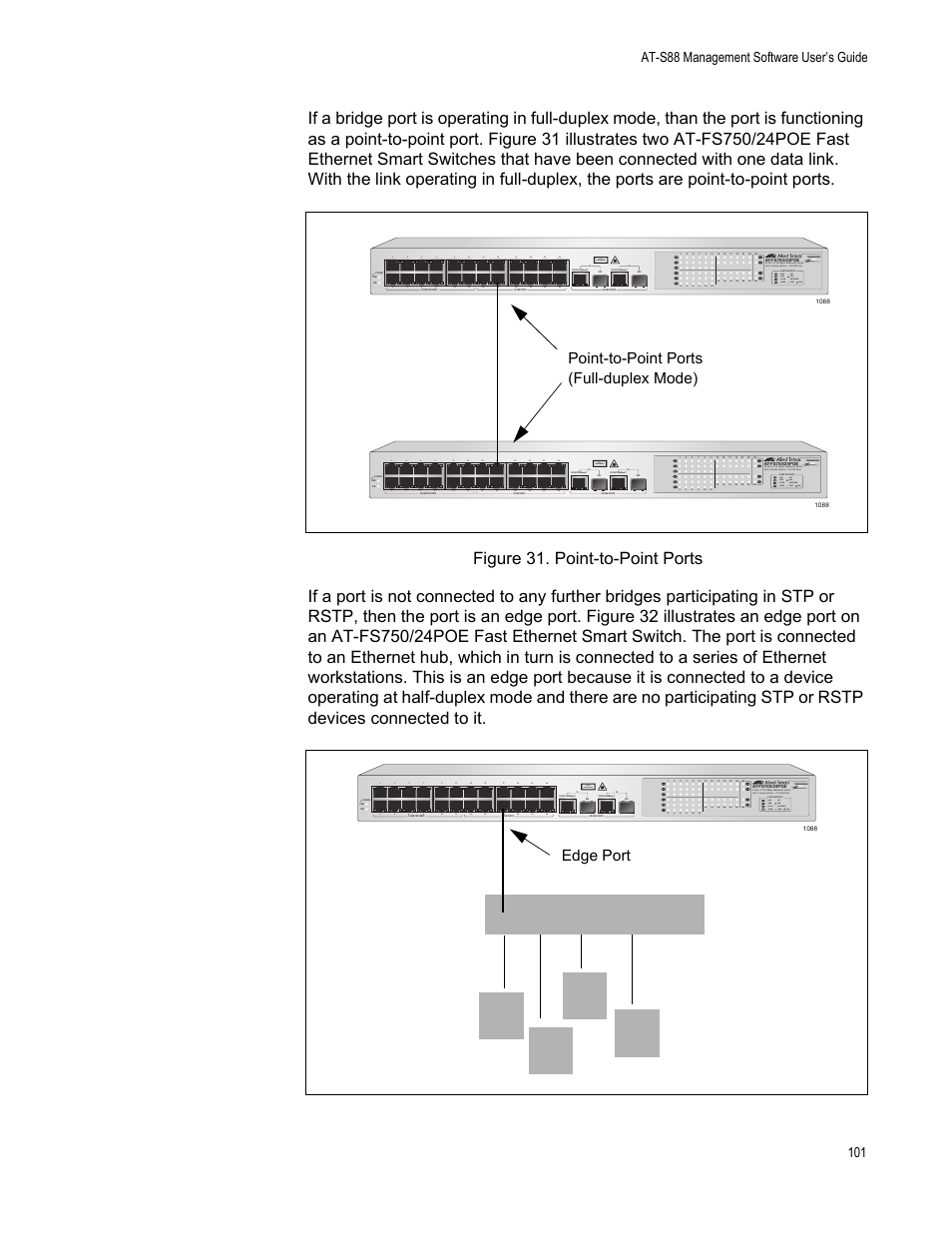 Point-to-point ports (full-duplex mode), Edge port, Class 1 laser product | Allied Telesis AT-S88 User Manual | Page 109 / 158