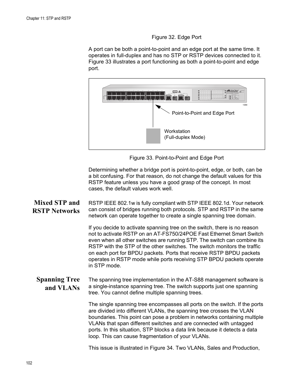 Mixed stp and rstp networks, Spanning tree and vlans, Class 1 laser product | Allied Telesis AT-S88 User Manual | Page 110 / 158