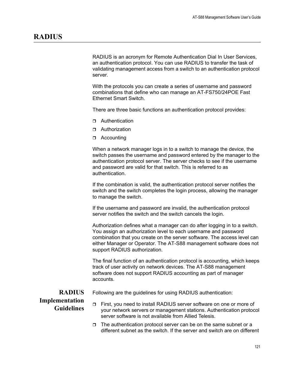 Radius, Radius implementation guidelines | Allied Telesis AT-S88 User Manual | Page 129 / 158