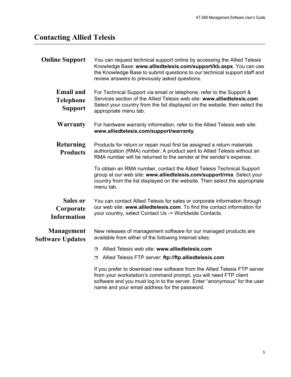 Contacting allied telesis, Online support, Email and telephone support | Warranty, Returning products, Sales or corporate information, Management software updates | Allied Telesis AT-S88 User Manual | Page 13 / 158