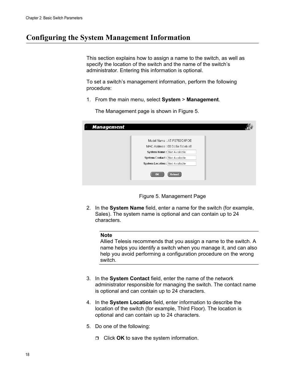 Configuring the system management information, From the main menu, select system > management | Allied Telesis AT-S88 User Manual | Page 26 / 158