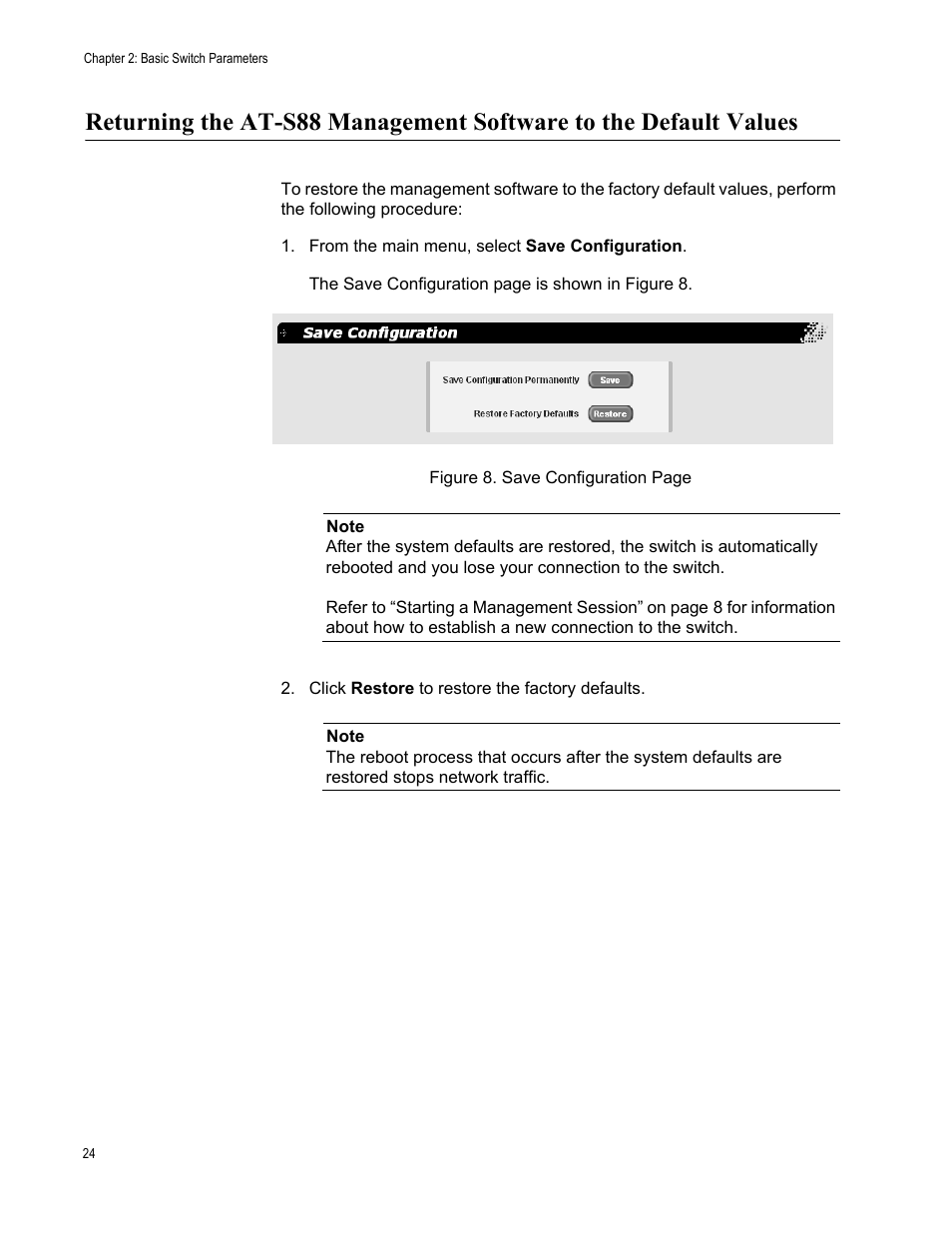 From the main menu, select save configuration | Allied Telesis AT-S88 User Manual | Page 32 / 158