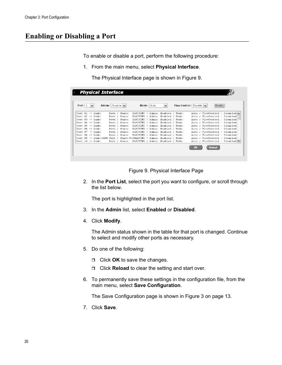 Enabling or disabling a port, From the main menu, select physical interface | Allied Telesis AT-S88 User Manual | Page 34 / 158
