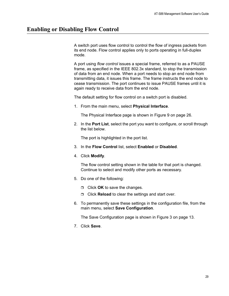 Enabling or disabling flow control, From the main menu, select physical interface | Allied Telesis AT-S88 User Manual | Page 37 / 158