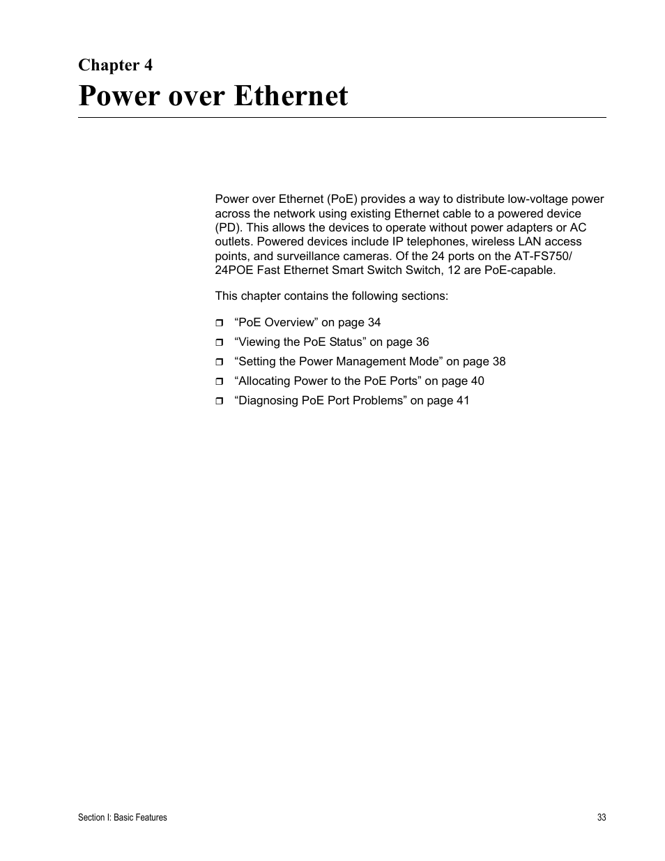 Chapter 4, Power over ethernet, Chapter 4: power over ethernet | Allied Telesis AT-S88 User Manual | Page 41 / 158