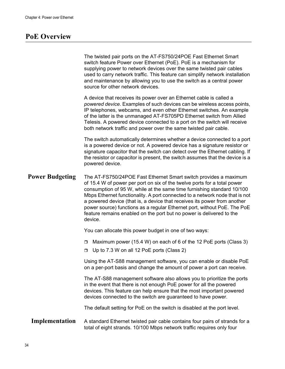 Poe overview, Power budgeting, Implementation | Power budgeting implementation | Allied Telesis AT-S88 User Manual | Page 42 / 158