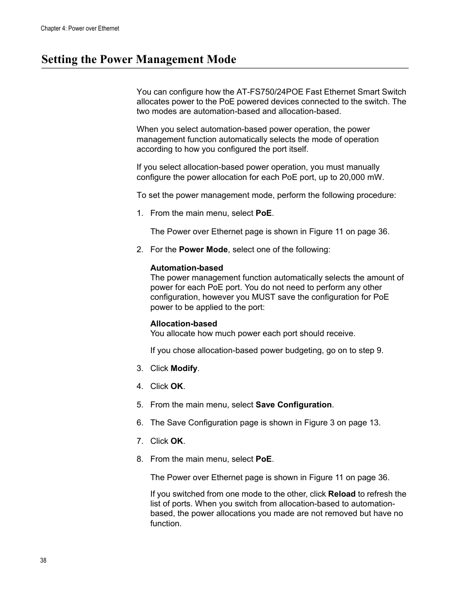 Setting the power management mode, From the main menu, select poe | Allied Telesis AT-S88 User Manual | Page 46 / 158