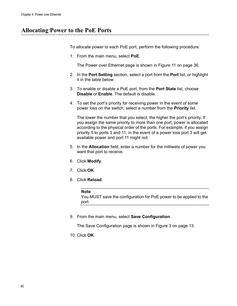 Allocating power to the poe ports, From the main menu, select poe | Allied Telesis AT-S88 User Manual | Page 48 / 158