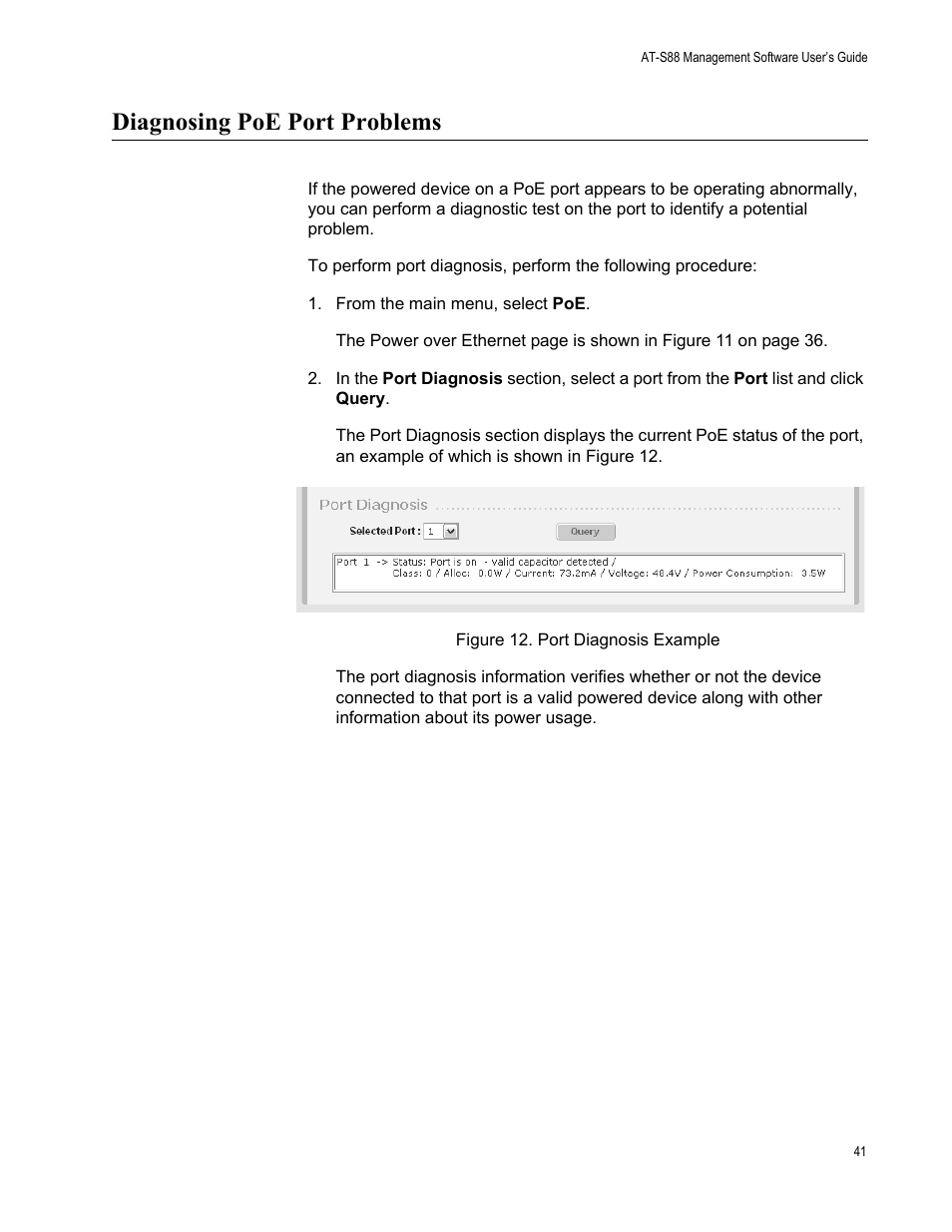 Diagnosing poe port problems, From the main menu, select poe | Allied Telesis AT-S88 User Manual | Page 49 / 158
