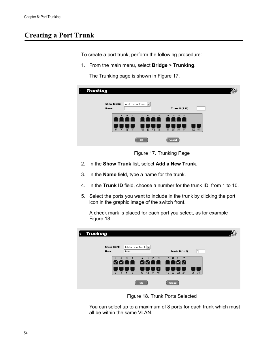 Creating a port trunk, From the main menu, select bridge > trunking | Allied Telesis AT-S88 User Manual | Page 62 / 158