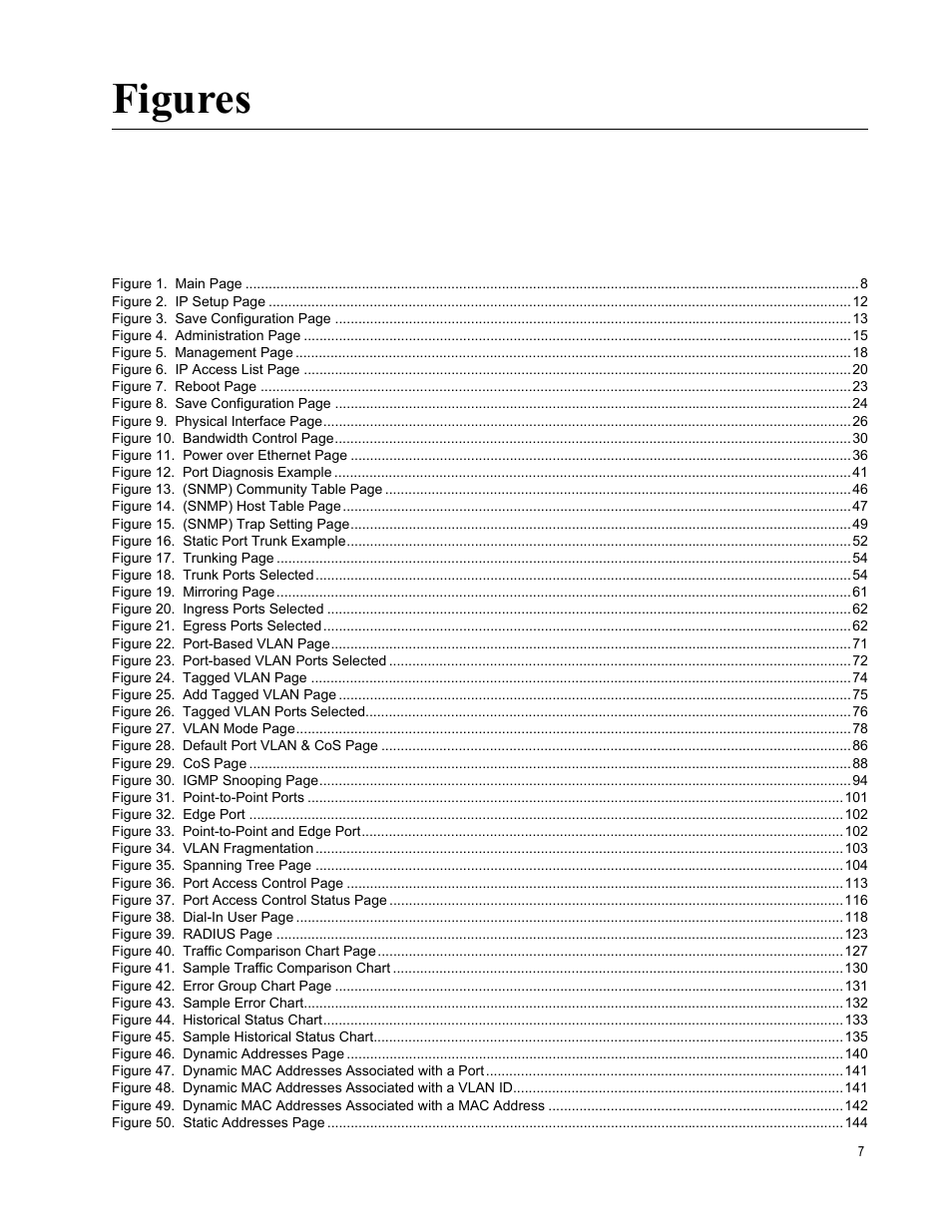 Figure 12. port diagnosis example 41, Figure 16. static port trunk example 52, Figure 18. trunk ports selected 54 | Figure 20. ingress ports selected 62, Figure 21. egress ports selected 62, Figure 23. port-based vlan ports selected 72, Figure 26. tagged vlan ports selected 76, Figure 31. point-to-point ports 101, Figure 32. edge port 102, Figure 33. point-to-point and edge port 102 | Allied Telesis AT-S88 User Manual | Page 7 / 158