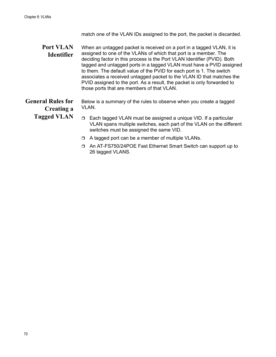 Port vlan identifier, General rules for creating a tagged vlan | Allied Telesis AT-S88 User Manual | Page 78 / 158
