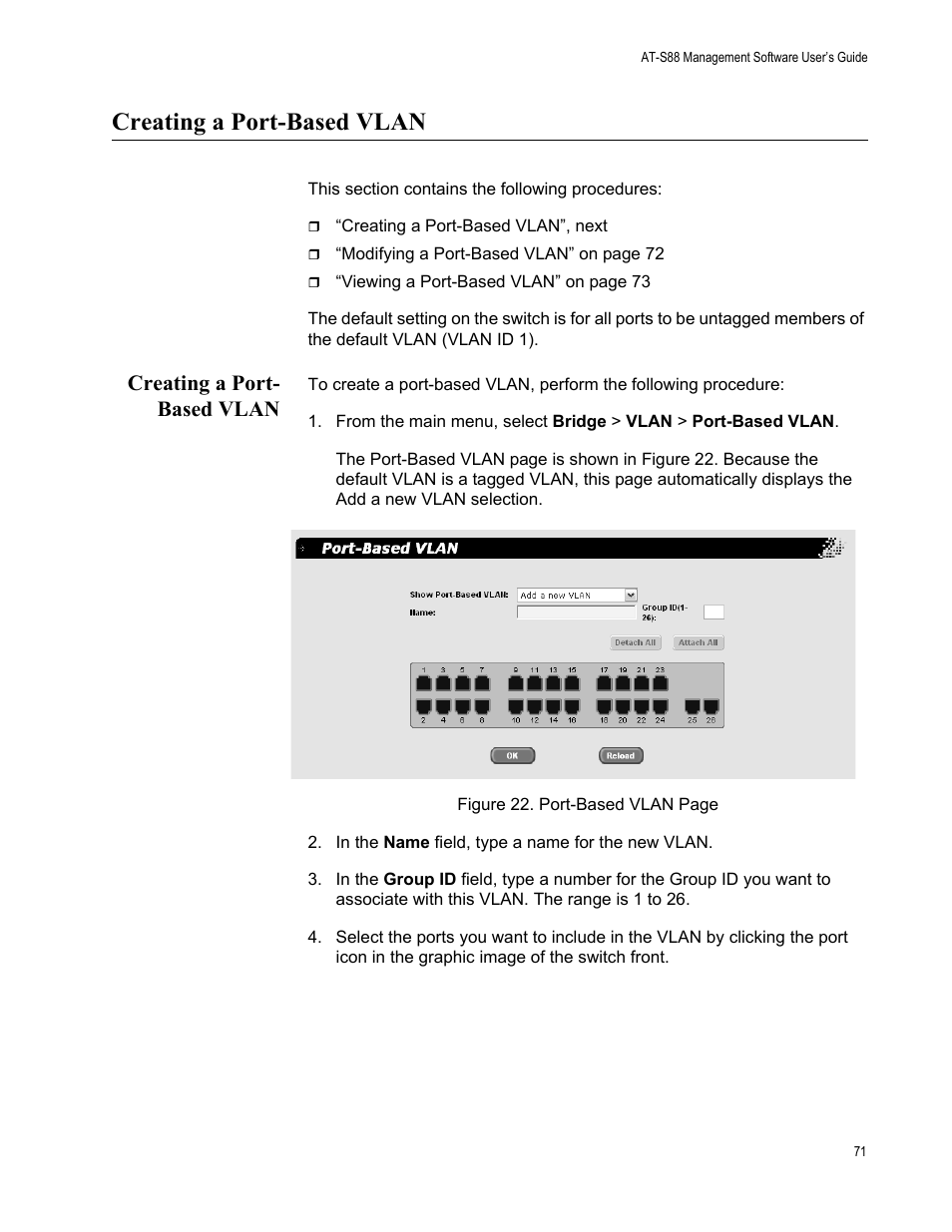 Creating a port-based vlan, Creating a port- based vlan | Allied Telesis AT-S88 User Manual | Page 79 / 158