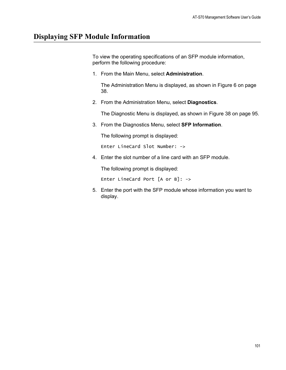 Displaying sfp module information | Allied Telesis AT-S70 User Manual | Page 101 / 302