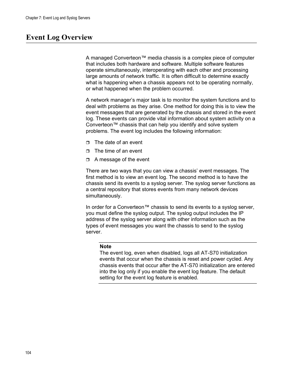 Event log overview | Allied Telesis AT-S70 User Manual | Page 104 / 302