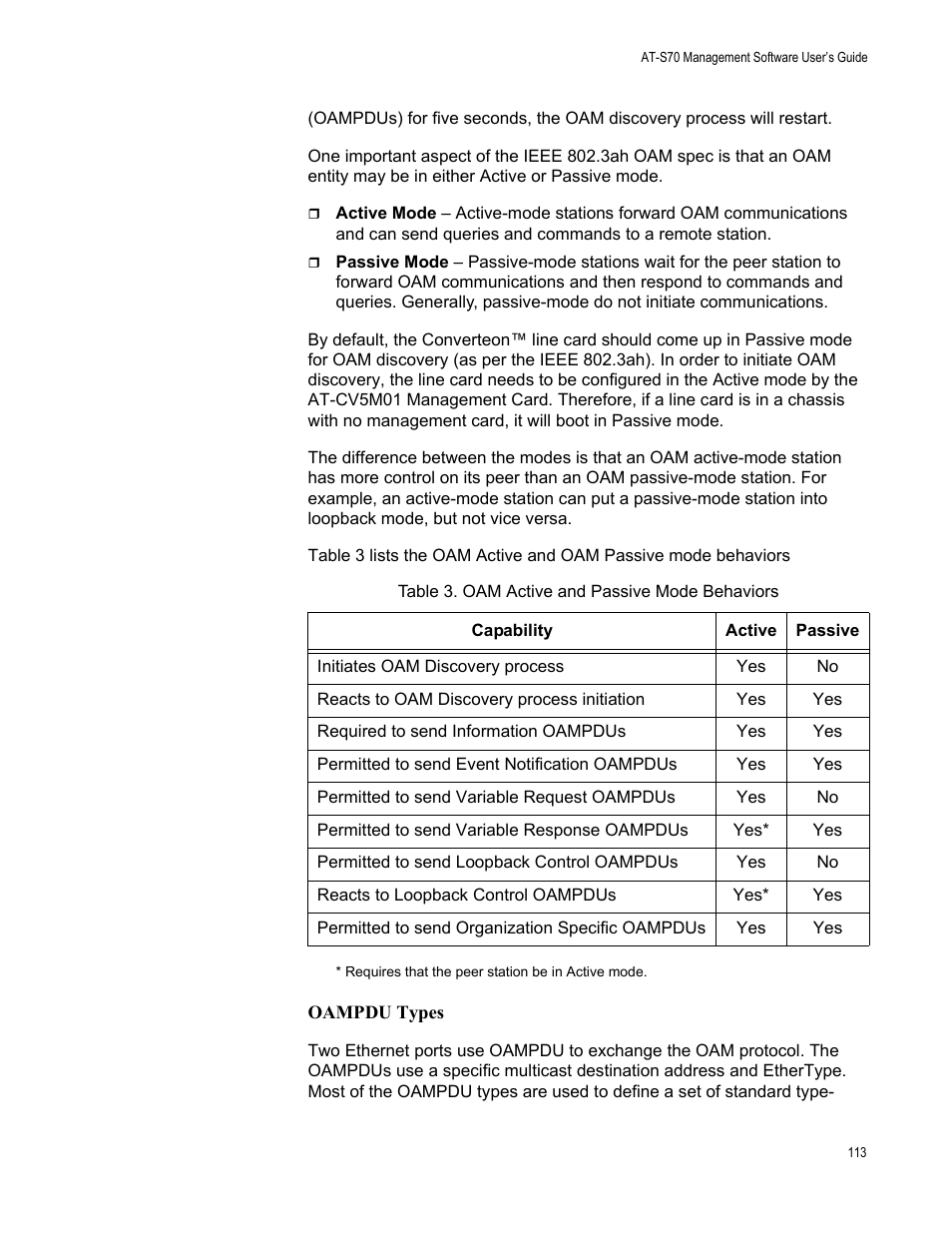 Oampdu types, Table 3. oam active and passive mode behaviors | Allied Telesis AT-S70 User Manual | Page 113 / 302
