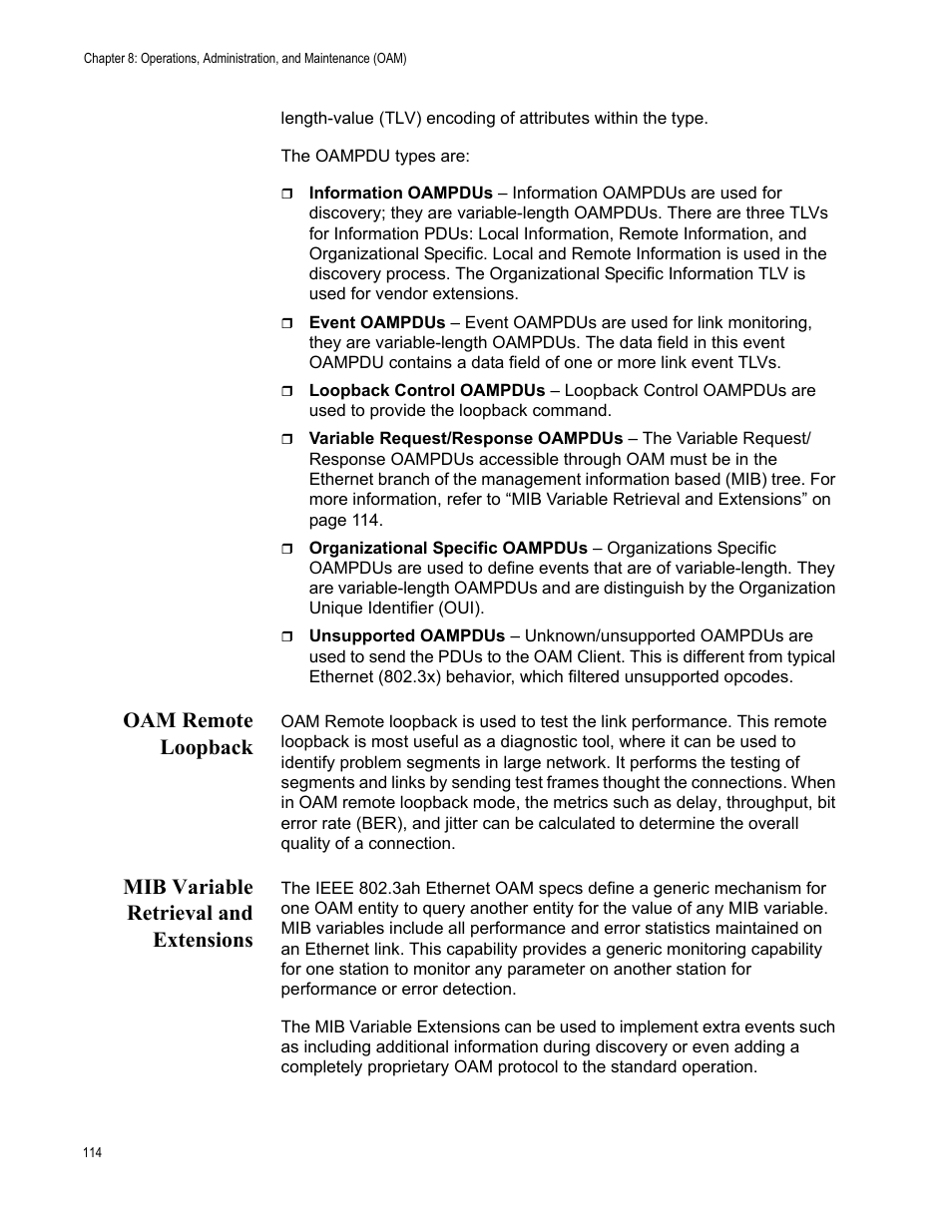 Oam remote loopback, Mib variable retrieval and extensions | Allied Telesis AT-S70 User Manual | Page 114 / 302