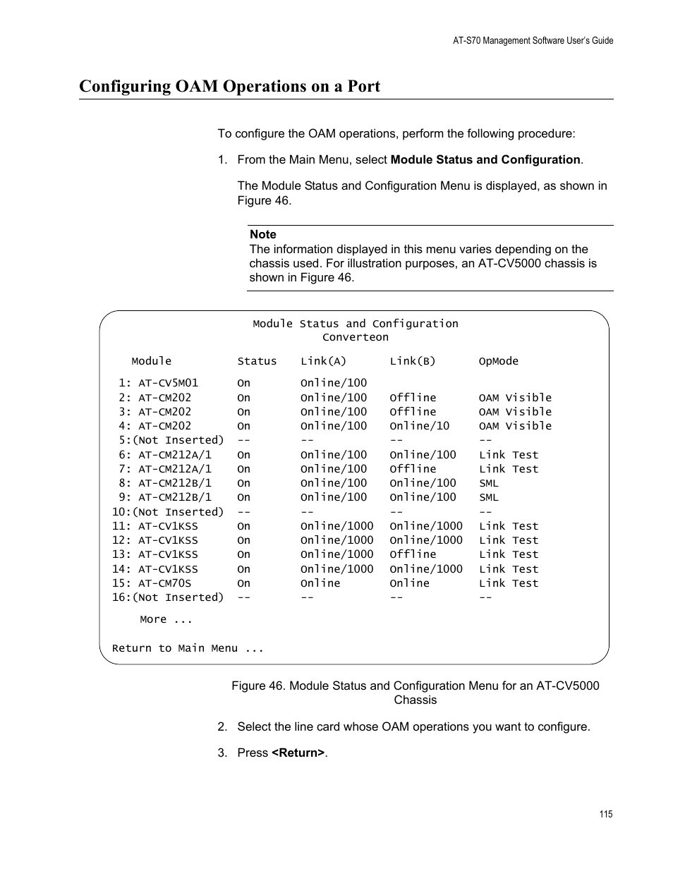 Configuring oam operations on a port | Allied Telesis AT-S70 User Manual | Page 115 / 302