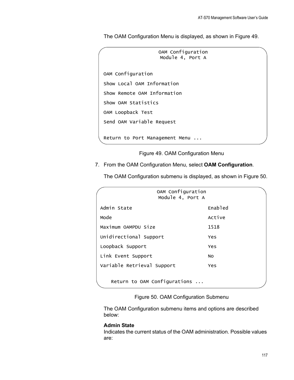 Figure 49. oam configuration menu, Oam configuration submenu | Allied Telesis AT-S70 User Manual | Page 117 / 302