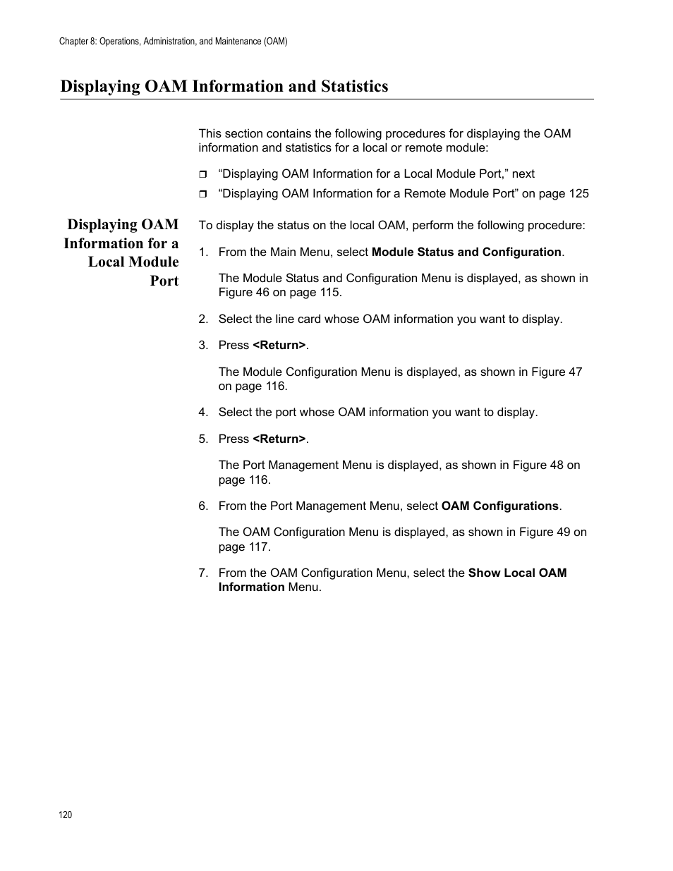 Displaying oam information and statistics, Displaying oam information for a local module port | Allied Telesis AT-S70 User Manual | Page 120 / 302