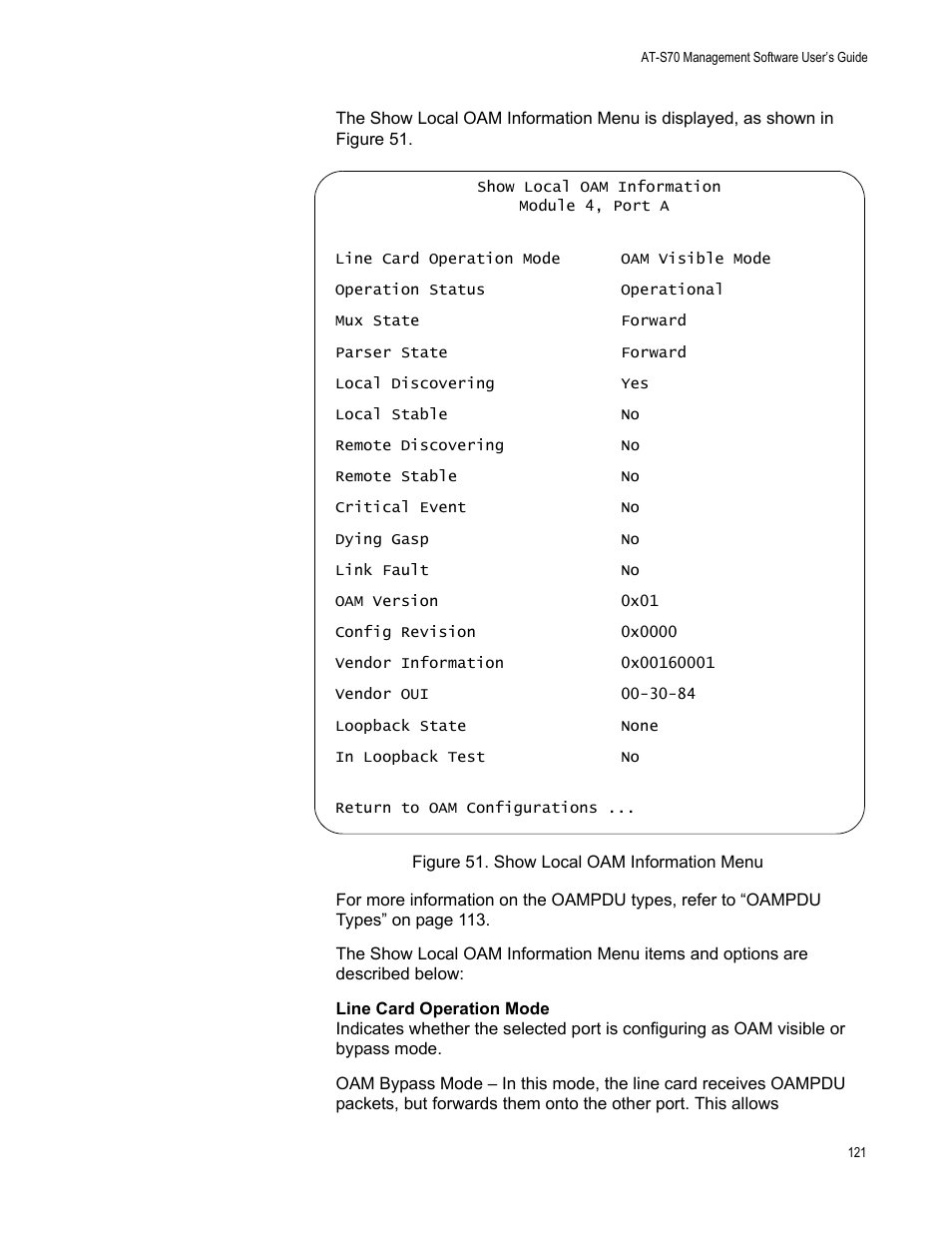 Figure 51. show local oam information menu | Allied Telesis AT-S70 User Manual | Page 121 / 302