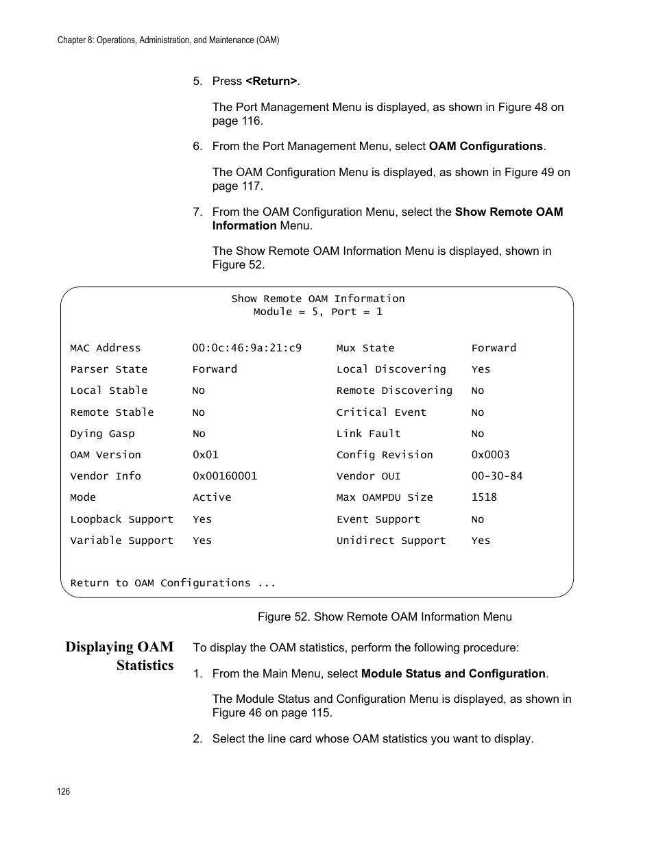 Displaying oam statistics, Figure 52. show remote oam information menu | Allied Telesis AT-S70 User Manual | Page 126 / 302