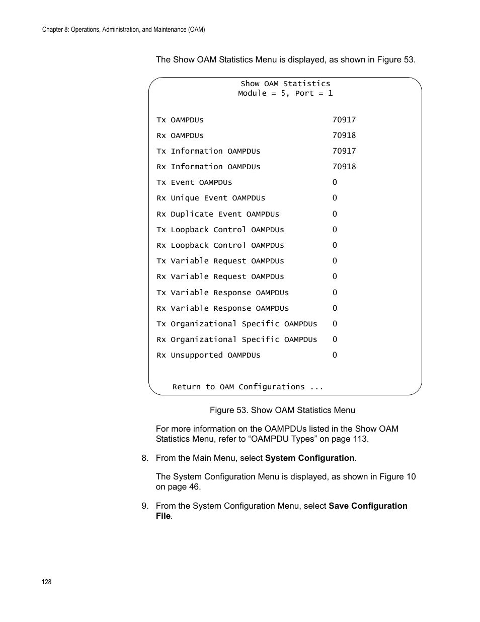 Figure 53. show oam statistics menu | Allied Telesis AT-S70 User Manual | Page 128 / 302