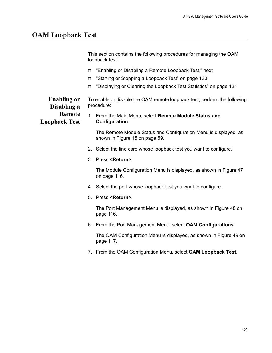 Oam loopback test, Enabling or disabling a remote loopback test | Allied Telesis AT-S70 User Manual | Page 129 / 302