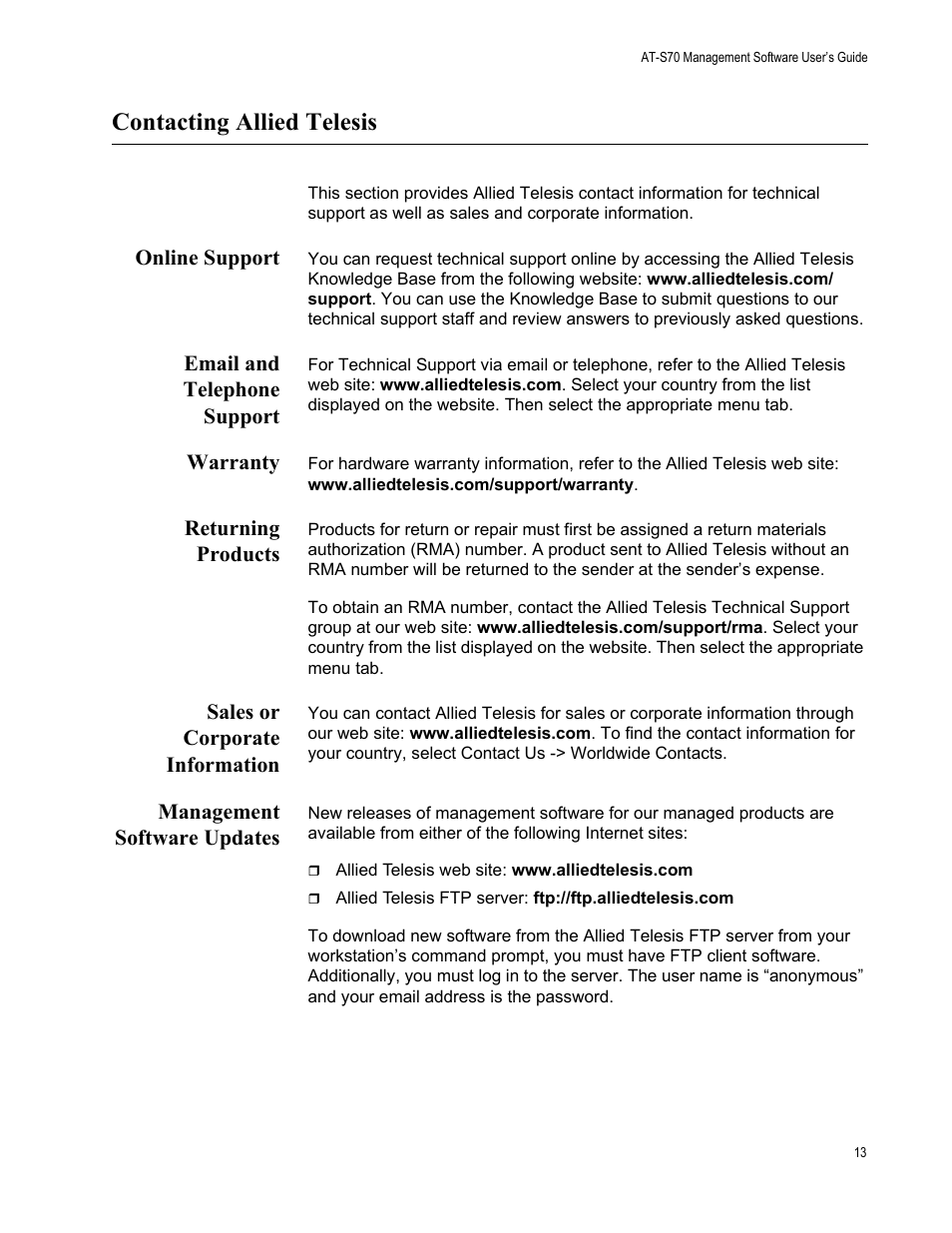 Contacting allied telesis, Online support, Email and telephone support | Warranty, Returning products, Sales or corporate information, Management software updates | Allied Telesis AT-S70 User Manual | Page 13 / 302