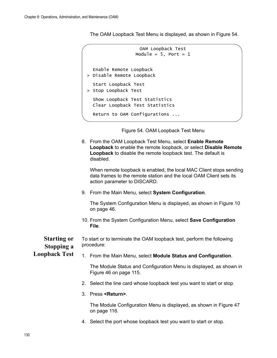 Starting or stopping a loopback test, Figure 54. oam loopback test menu | Allied Telesis AT-S70 User Manual | Page 130 / 302
