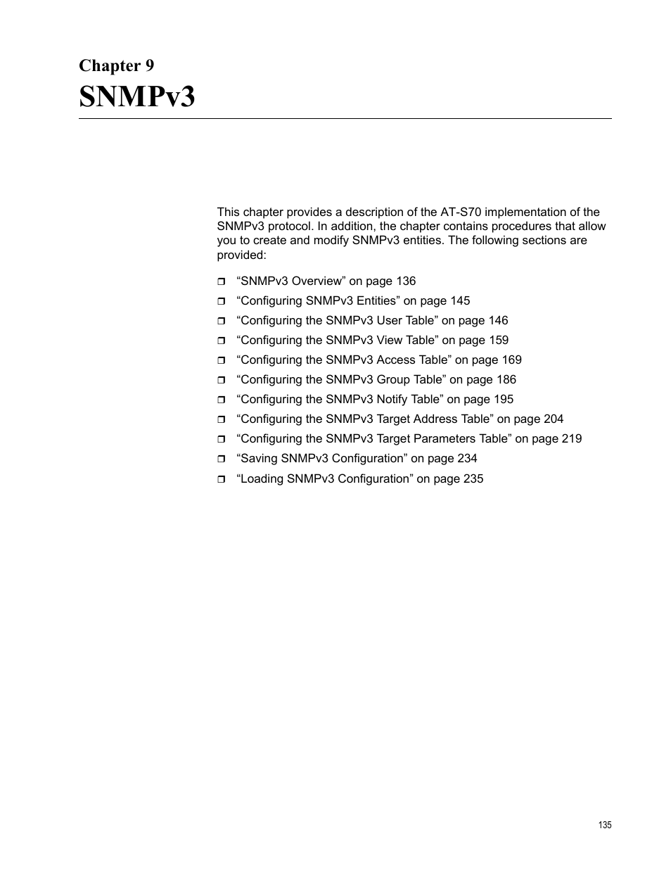 Chapter 9, Snmpv3, R 9: snmpv3 | Allied Telesis AT-S70 User Manual | Page 135 / 302