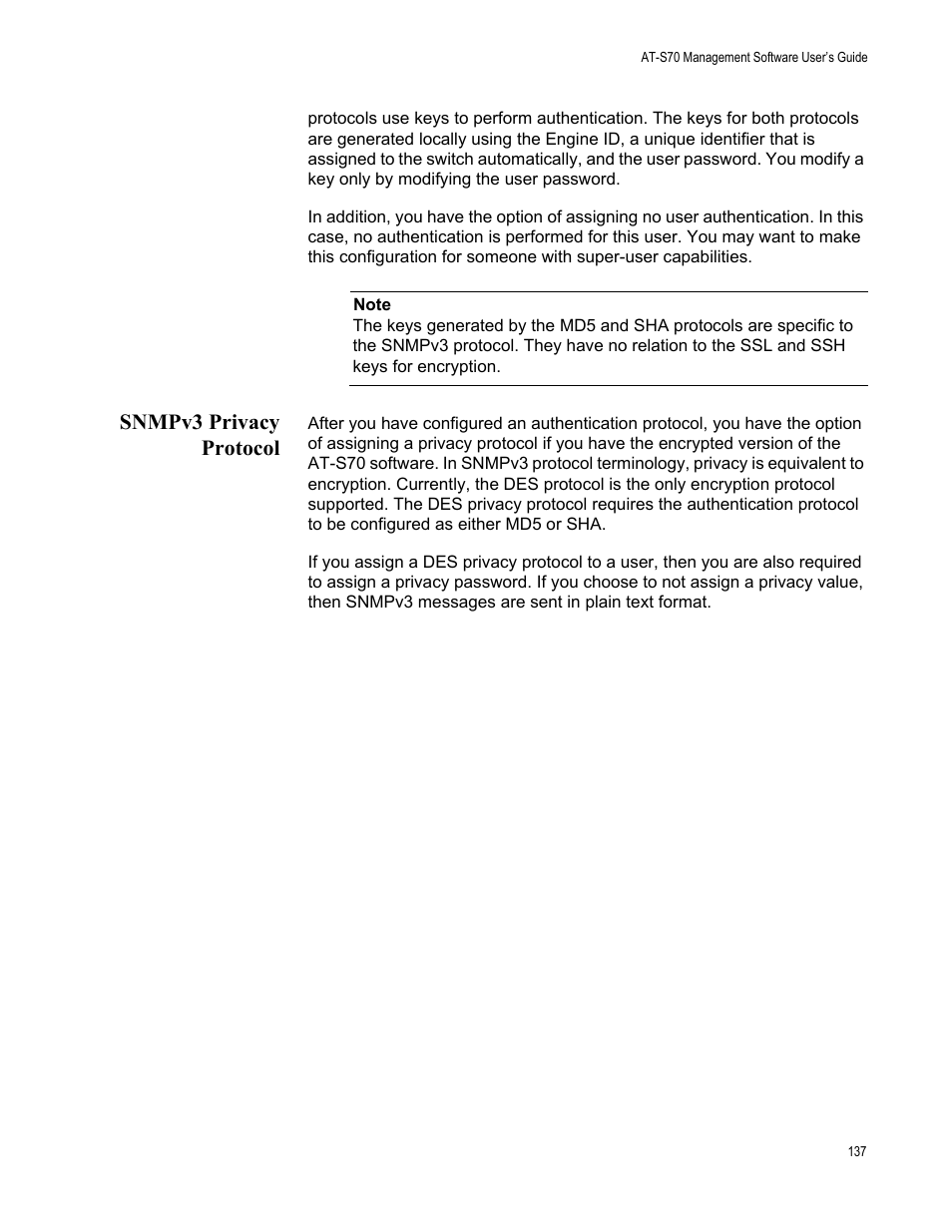 Snmpv3 privacy protocol | Allied Telesis AT-S70 User Manual | Page 137 / 302