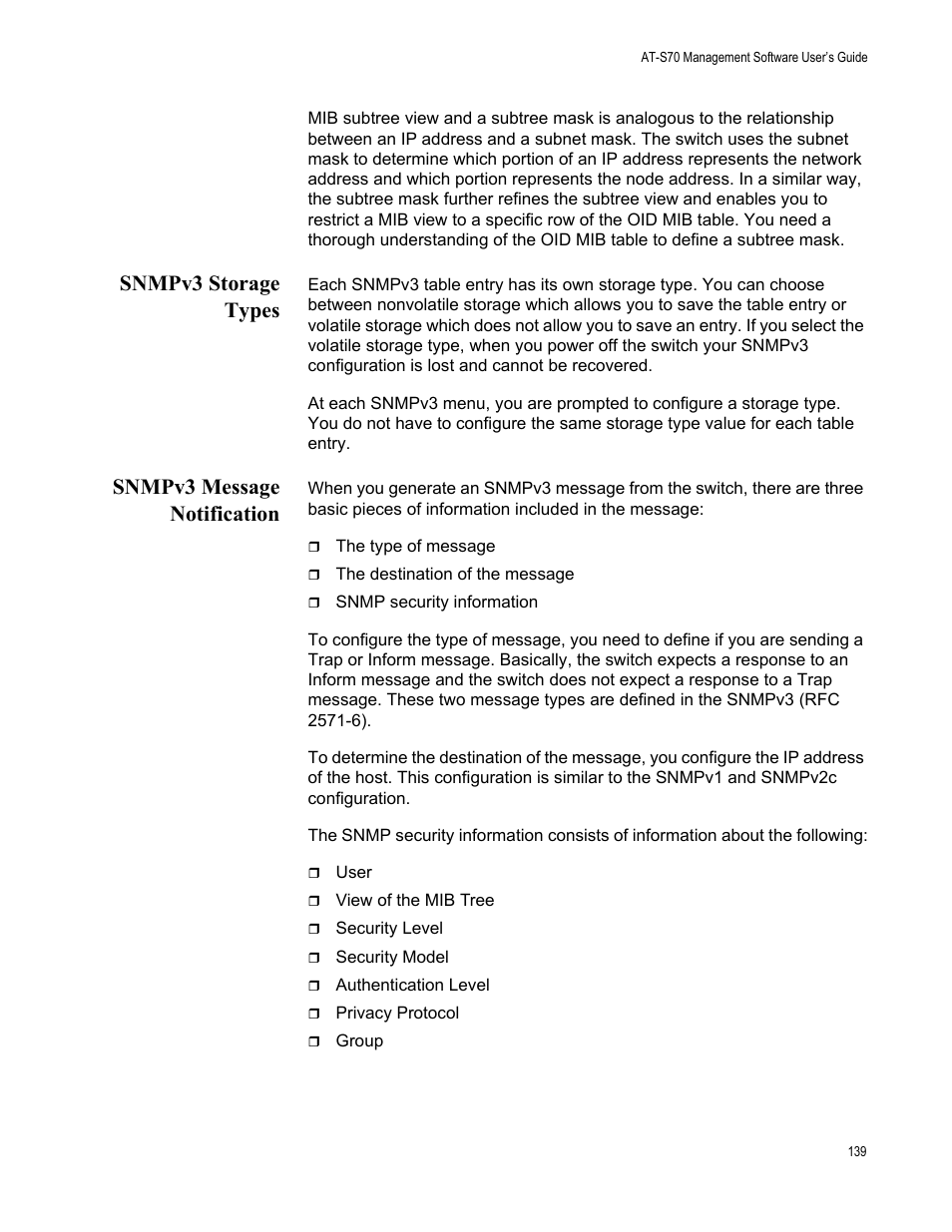 Snmpv3 storage types, Snmpv3 message notification, Snmpv3 storage types snmpv3 message notification | Allied Telesis AT-S70 User Manual | Page 139 / 302