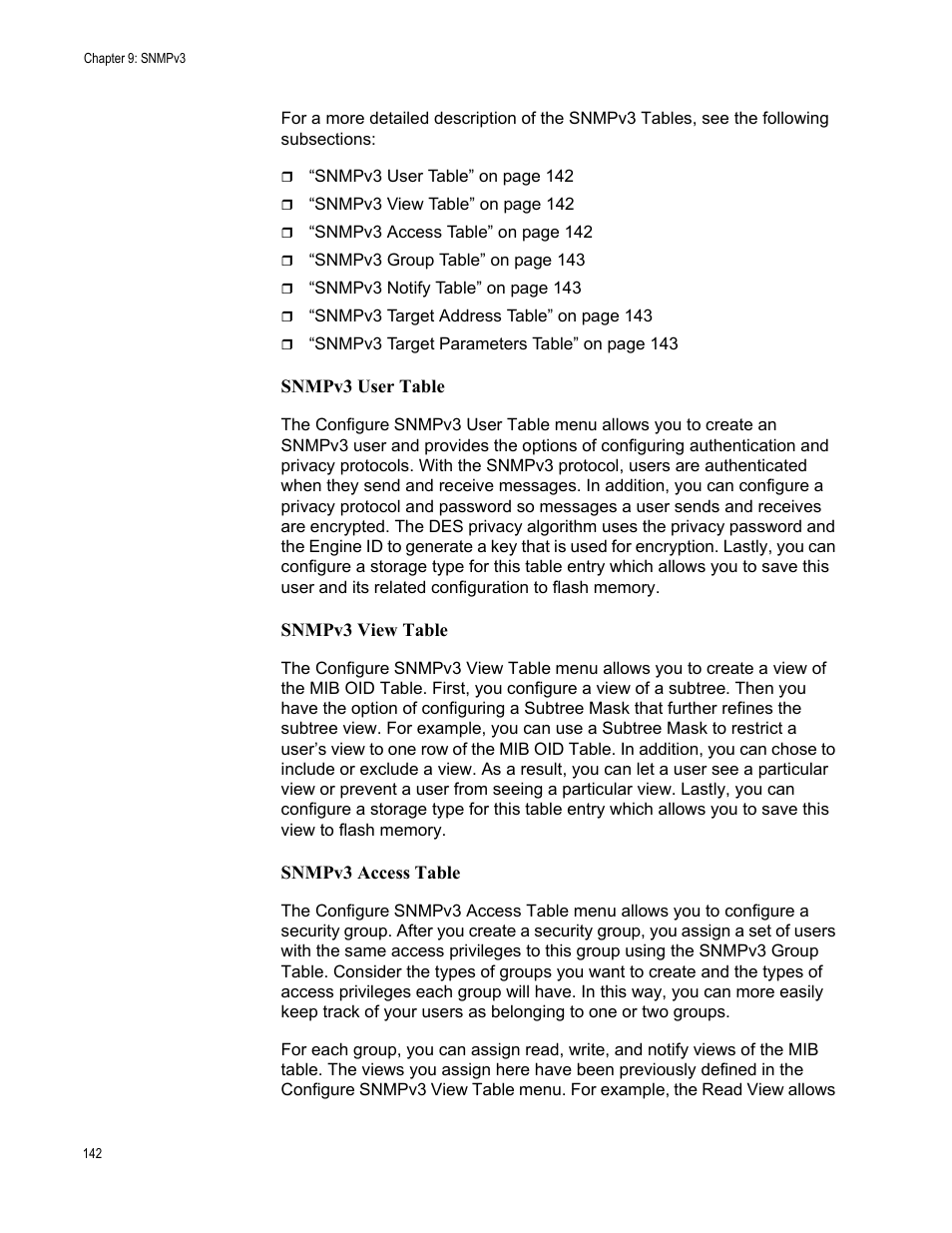 Snmpv3 user table, Snmpv3 view table, Snmpv3 access table | Allied Telesis AT-S70 User Manual | Page 142 / 302