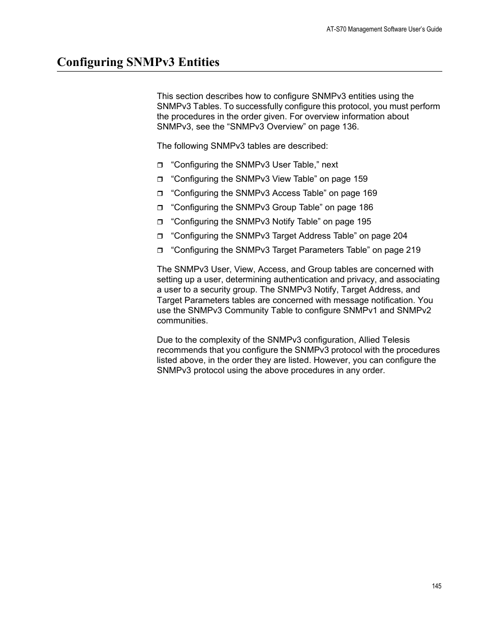 Configuring snmpv3 entities | Allied Telesis AT-S70 User Manual | Page 145 / 302