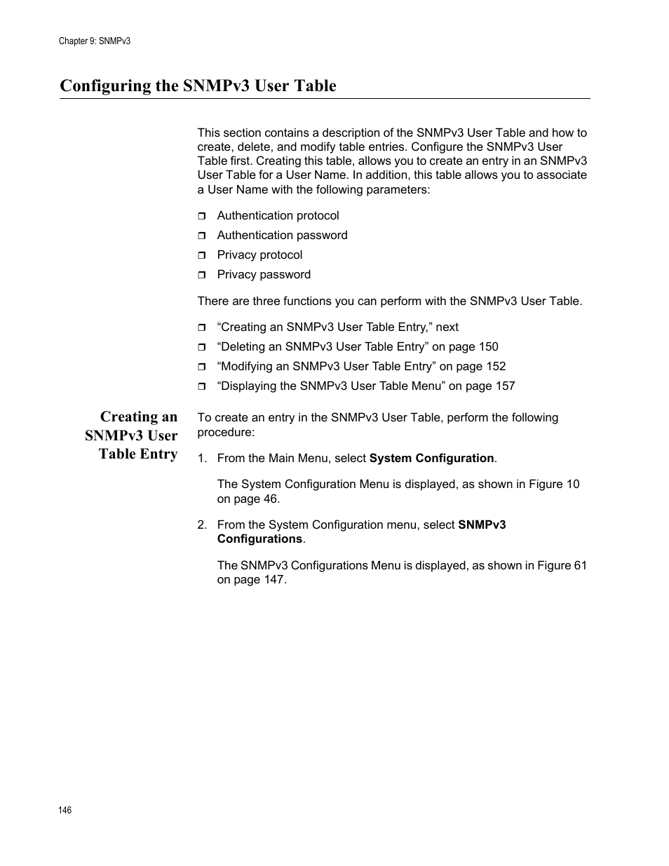 Configuring the snmpv3 user table, Creating an snmpv3 user table entry, Configuring the snmpv3 user table,” next | Allied Telesis AT-S70 User Manual | Page 146 / 302