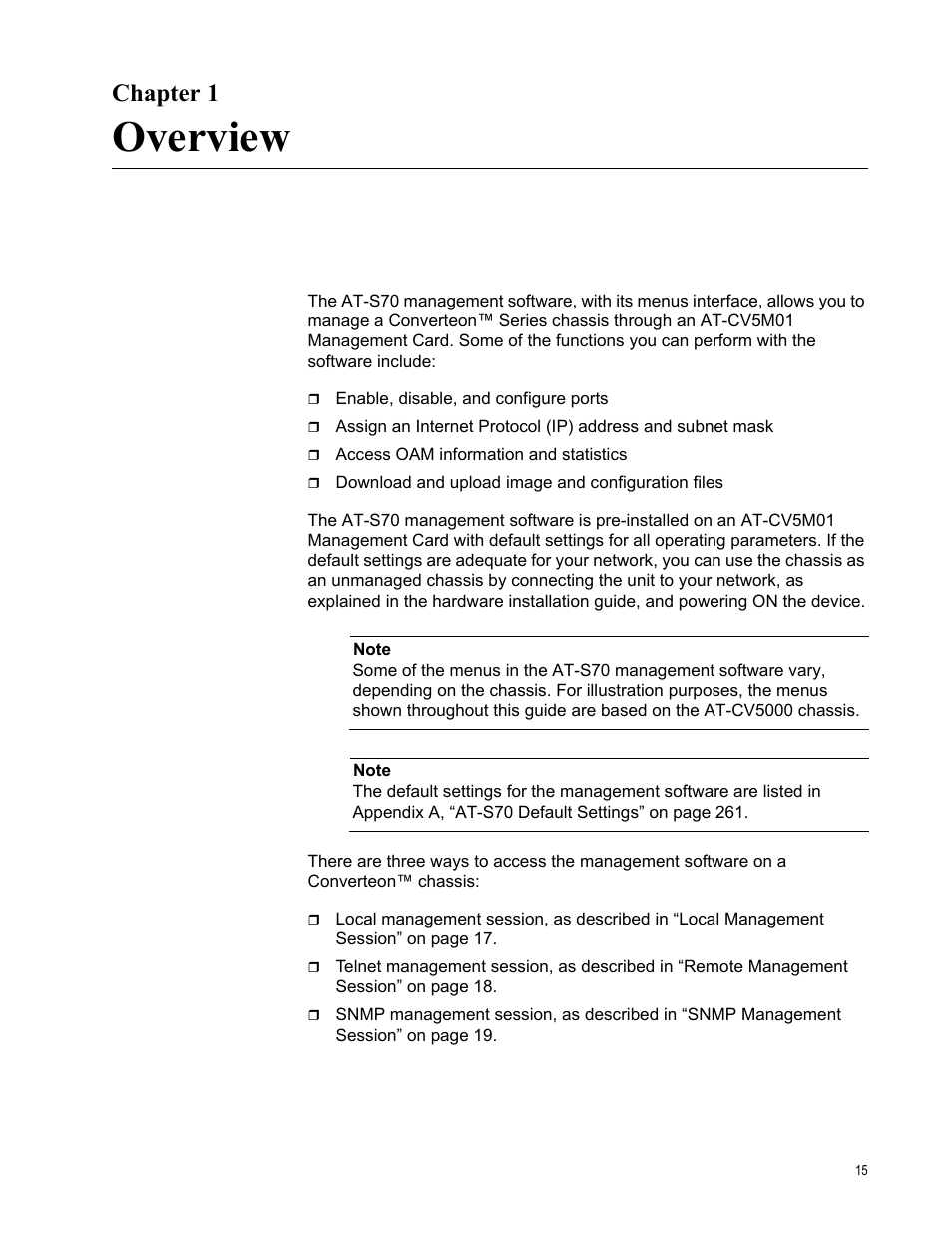 Chapter 1, Overview | Allied Telesis AT-S70 User Manual | Page 15 / 302