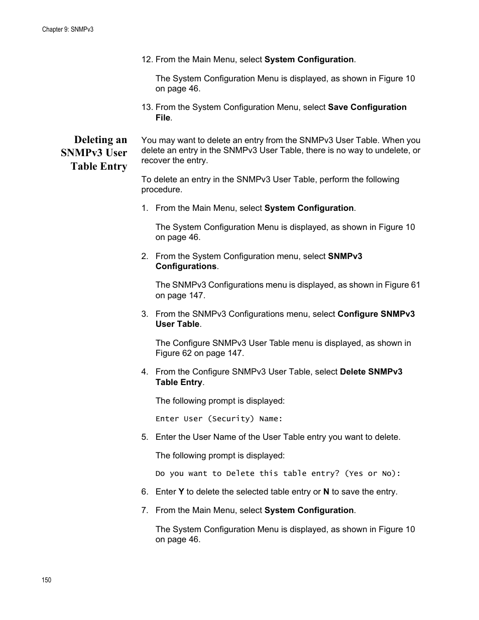 Deleting an snmpv3 user table entry | Allied Telesis AT-S70 User Manual | Page 150 / 302