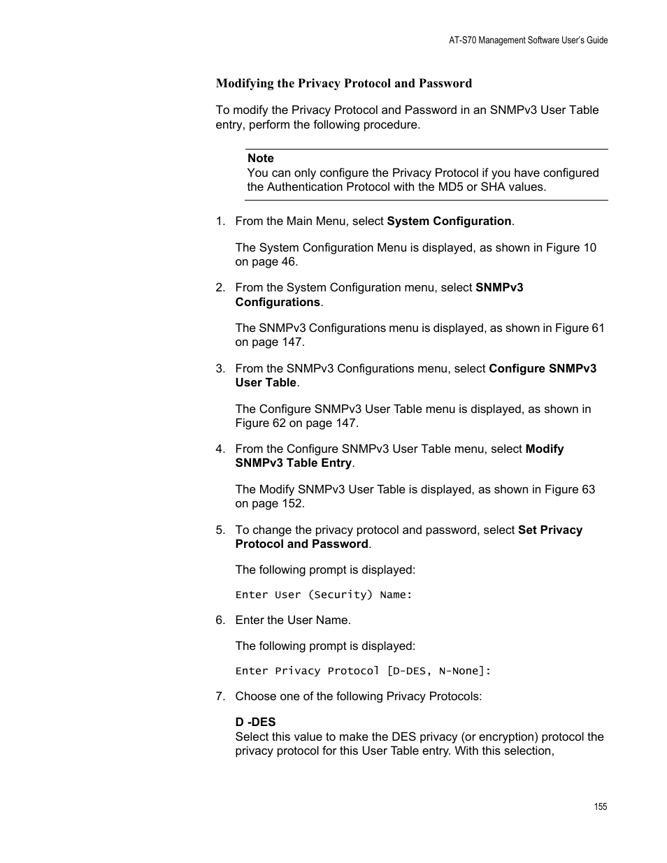 Modifying the privacy protocol and password | Allied Telesis AT-S70 User Manual | Page 155 / 302