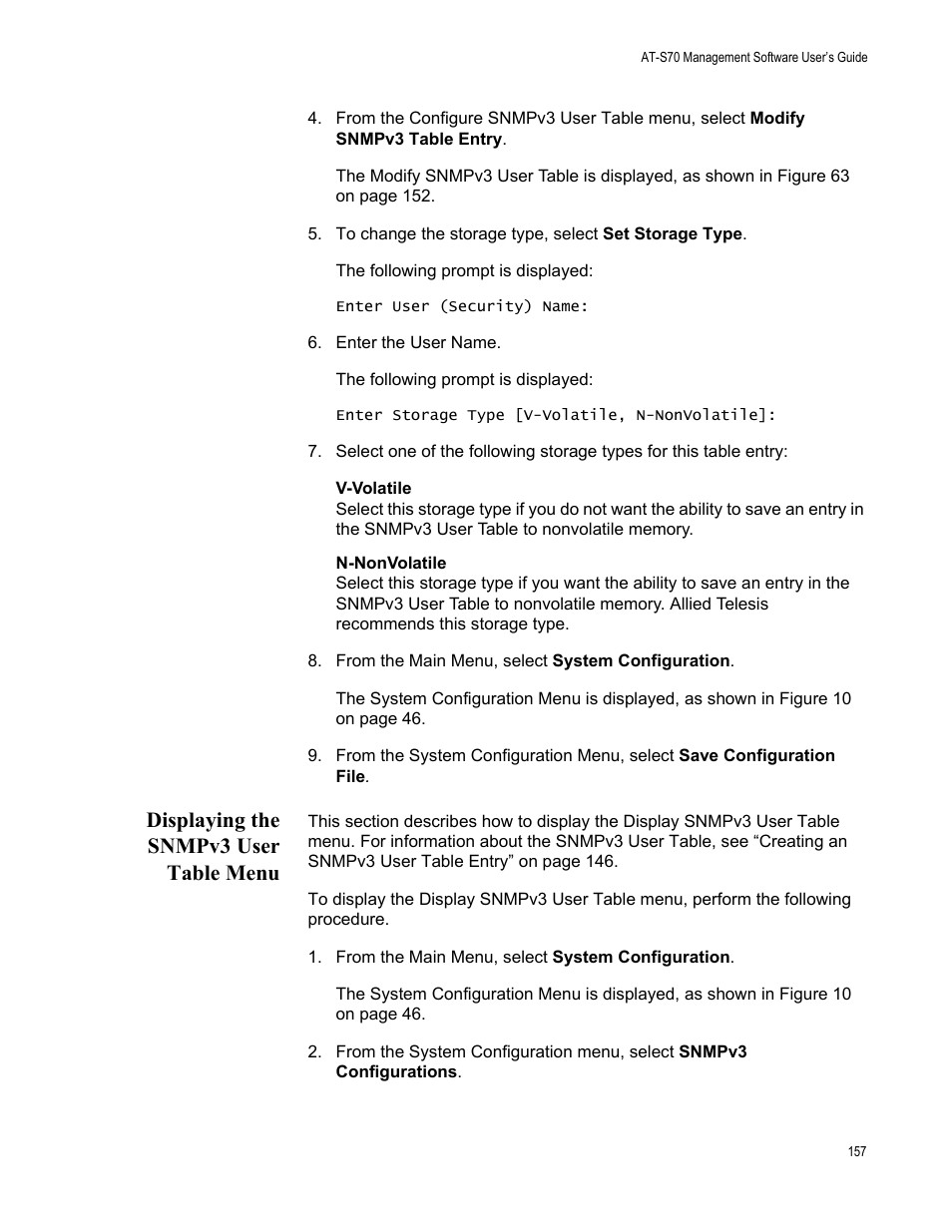 Displaying the snmpv3 user table menu | Allied Telesis AT-S70 User Manual | Page 157 / 302
