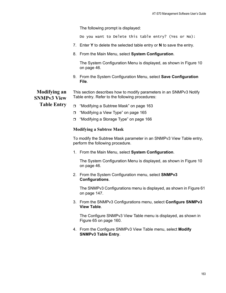 Modifying an snmpv3 view table entry, Modifying a subtree mask | Allied Telesis AT-S70 User Manual | Page 163 / 302