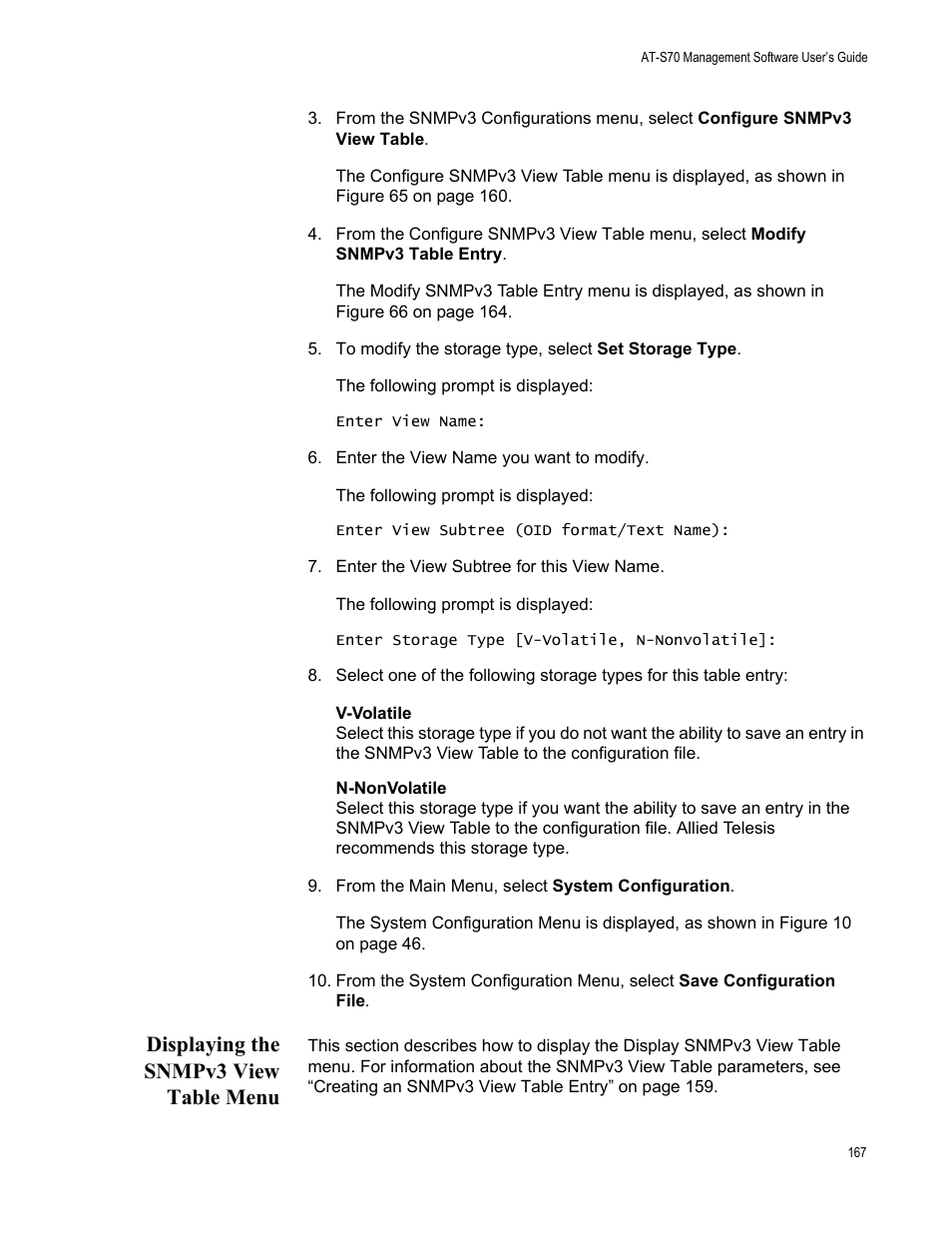 Displaying the snmpv3 view table menu | Allied Telesis AT-S70 User Manual | Page 167 / 302