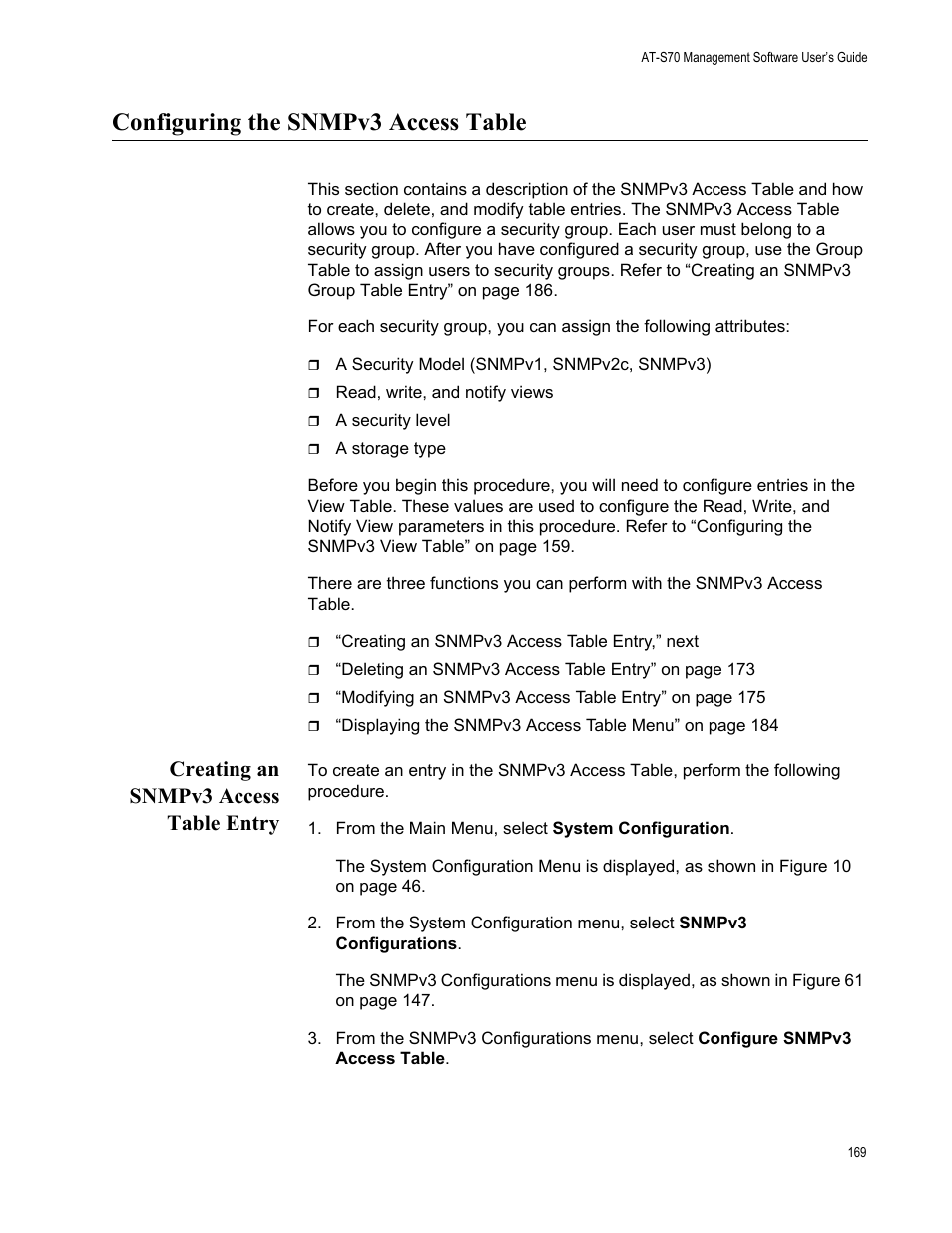 Configuring the snmpv3 access table, Creating an snmpv3 access table entry | Allied Telesis AT-S70 User Manual | Page 169 / 302