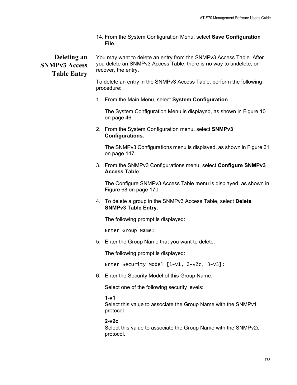 Deleting an snmpv3 access table entry | Allied Telesis AT-S70 User Manual | Page 173 / 302
