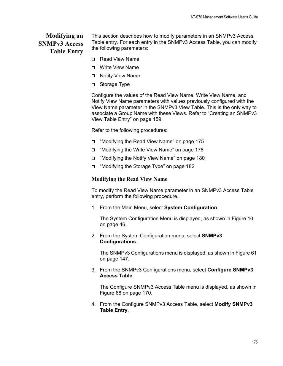 Modifying an snmpv3 access table entry, Modifying the read view name | Allied Telesis AT-S70 User Manual | Page 175 / 302