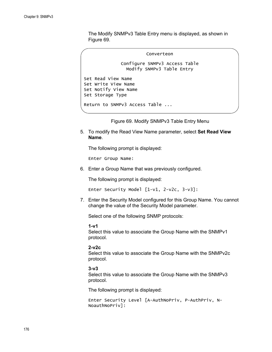Figure 69. modify snmpv3 table entry menu | Allied Telesis AT-S70 User Manual | Page 176 / 302
