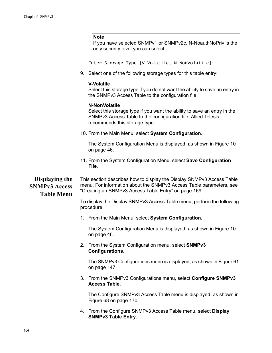 Displaying the snmpv3 access table menu | Allied Telesis AT-S70 User Manual | Page 184 / 302